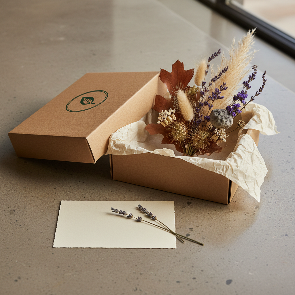 An exquisitely styled seasonal gift box presentation featuring a plant-based arrangement subscription. A sturdy, matte kraft box with a minimalist dark green logo is partially open, revealing a carefully protected compact arrangement wrapped in soft, unbleached tissue, with a composition of seasonal foliage, seed pods, and grasses. Next to the box lies an elegant, blank cream-colored card and a single, small botanical element. The scene is set on a smooth, warm grey stone surface with subtle natural variations. Gentle side light from a nearby window casts soft shadows and highlights the textures of paper, plants, and stone. Photographic realism, shot from a slightly elevated angle, with a calm, premium, and intimate atmosphere that communicates thoughtful gifting and artisanal quality.