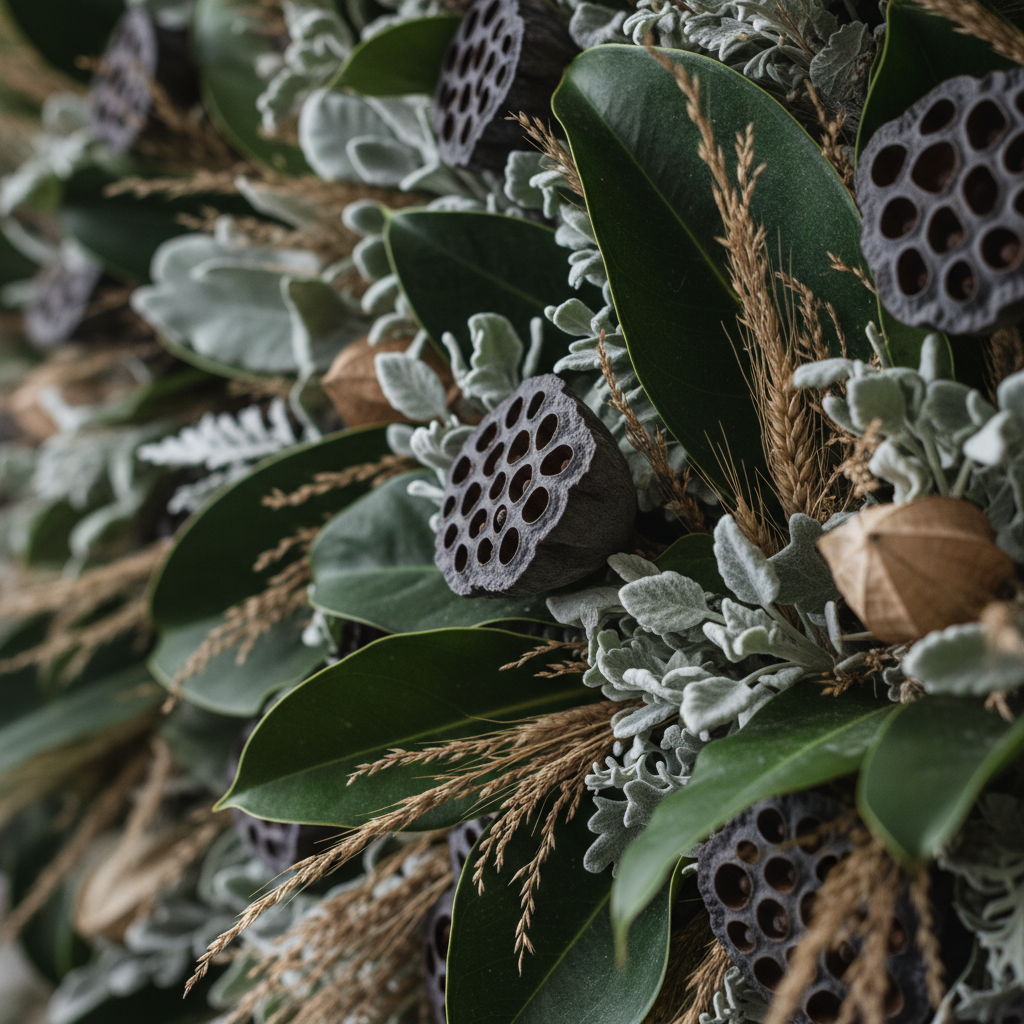 A close, textural macro shot of layered plant-based materials used in sophisticated arrangements: overlapping deep-green leaves with visible veins, velvety grey foliage, intricate seed pods, and fine, feathery grasses interwoven like a tapestry. The elements are arranged densely, filling the frame with rich organic patterns and subtle color shifts from emerald to sage, bronze, and charcoal. Soft, diffused studio lighting eliminates harsh shadows, revealing every detail and creating a luxurious, almost tactile quality. Photographic realism with extremely shallow depth of field, where select elements are razor sharp and others gently blur, evoking intimacy, refinement, and an appreciation for pure botanical texture, ideal for use as a background or section divider.