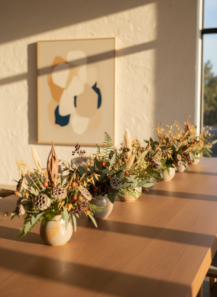 A long, refined dining table styled with a series of low, plant-based seasonal arrangements, each in matching narrow stoneware vessels in warm grey tones. The arrangements feature layered greenery, sculptural seed pods, dried grasses, and subtle berries in deep wine and soft bronze hues, creating a cohesive, luxurious rhythm along the table. The setting is a modern interior with a pale plaster wall and a single, blurred abstract artwork in the distance. Golden hour sunlight streams in from tall unseen windows, casting elongated shadows and a warm glow across the table surface. Photographic realism, shot from a slightly elevated side angle with moderate depth of field, evoking an intimate, sophisticated dinner atmosphere perfect for showcasing event styling services.