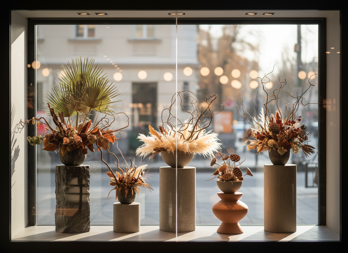 A sophisticated window display of plant-based arrangements in a contemporary storefront, viewed from inside. Multiple heights of stone and ceramic pedestals hold sculptural botanical compositions made purely from foliage, branches, seed pods, and grasses in harmonious earthy tones. Beyond the glass, the street scene is abstracted into soft bokeh, keeping attention on the crafted arrangements. Late afternoon natural light filters through the large window, creating layered reflections and subtle highlights on glossy leaves. The composition uses strong vertical lines and a clean, minimalist framing, with photographic realism and a calm, curated atmosphere. This image communicates seasonal collections and the allure of plant-based seduction in a modern retail context.