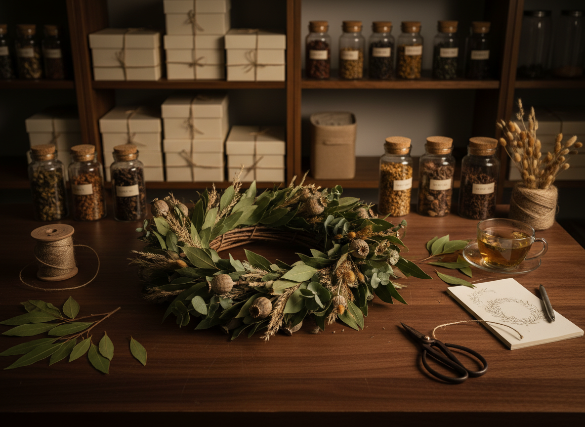 A refined, moody scene of a workbench in a botanical atelier where a plant-based wreath is being created. The unfinished wreath of intertwined branches, olive-toned leaves, dried seed clusters, and wispy grasses rests on a dark walnut work surface, surrounded by scattered clippings and a spool of natural twine. The background shows blurred shelves with neatly stacked boxes and labeled jars of botanical elements. Directional overhead lighting creates dramatic yet soft shadows, emphasizing texture and craftsmanship. Photographic realism, shot from a slightly elevated angle with a focused central area and gently fading edges, conveying quiet concentration, artisanal skill, and the seasonal, hand-crafted nature of the work.
