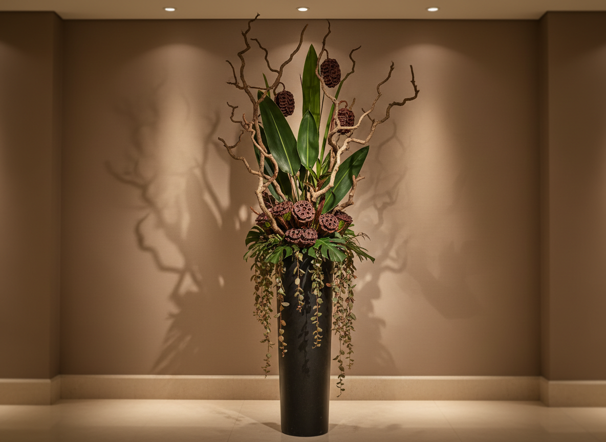 A dramatic, vertically oriented composition of a tall plant-based arrangement designed for a hotel lobby. The arrangement rises from a slender, matte stone pedestal vase in off-black, filled with architectural branches, broad deep-green leaves, spiraling seed pods, and cascading trailing foliage in muted olive and bronze. The background is a minimalist, softly lit wall in warm taupe, with an abstract shadow pattern created by hidden uplighting. Subtle spot lighting from above and the side gives the arrangement a sculptural quality, highlighting contours and textures. Photographic realism with a slightly low-angle perspective and shallow depth of field, producing an imposing yet elegant presence that conveys luxury, sophistication, and the power of purely botanical forms.