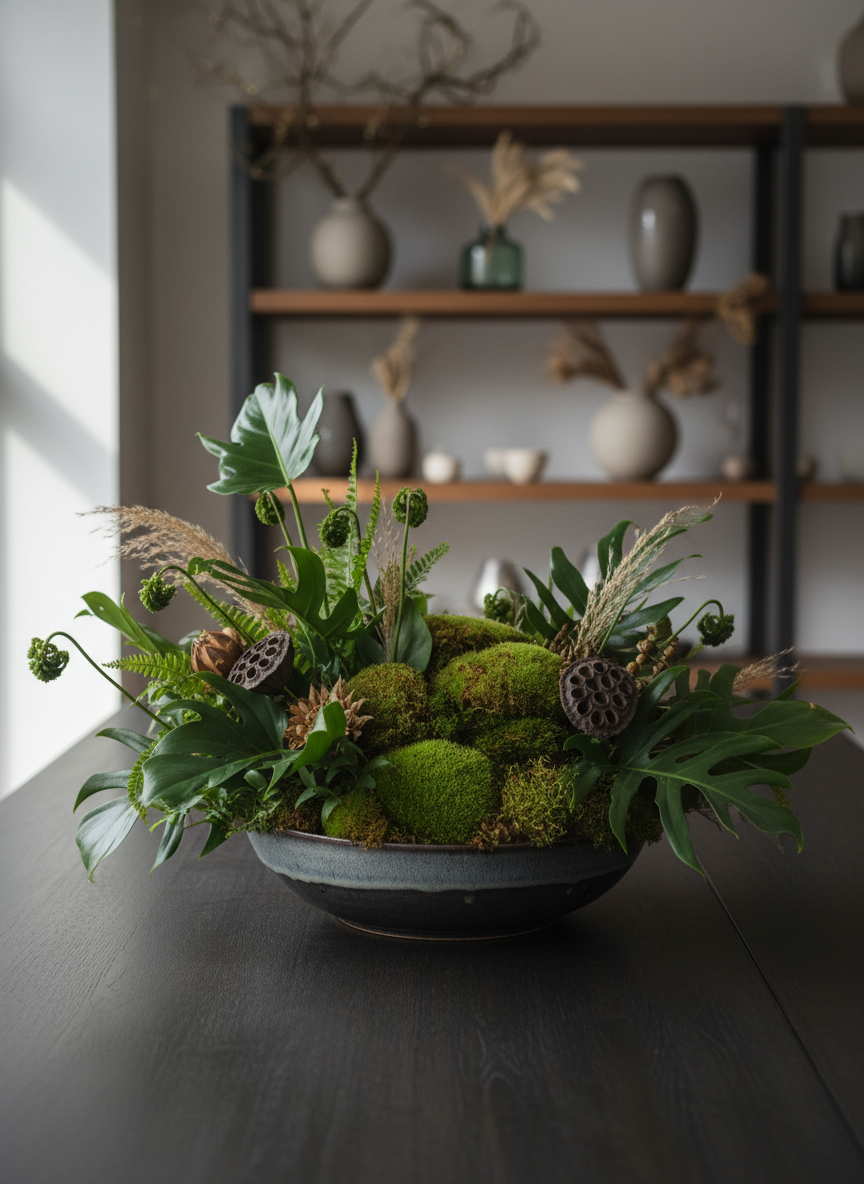 A luxurious centerpiece of exclusively plant-based arrangements displayed on a dark, matte oak table. Lush deep-green foliage, velvety moss cushions, sculptural seed pods, and delicate grasses are artfully composed in a low, charcoal ceramic bowl with a subtle textured glaze. In the background, blurred shelves hold minimalist vases and botanical elements, emphasizing craftsmanship and seasonal variety. Soft, diffused natural light from a side window creates gentle highlights on glossy leaves and rich shadows between layers. Photographic realism, shot at eye level with a shallow depth of field, focusing sharply on the intricate composition. The mood is sophisticated and serene, showcasing refined botanical design without any flowers, perfect for a premium plant-based design studio homepage hero image.