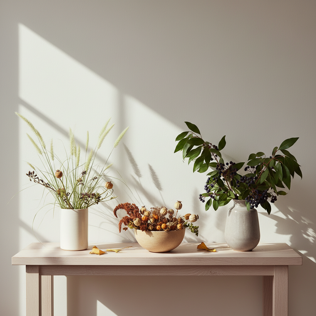 A serene seasonal vignette on a console table near an unseen window, featuring a trio of small plant-based arrangements that transition from late summer to early autumn. One vessel holds airy, pale green grasses, another displays dried seed heads in warm rust and ochre, and the third combines glossy dark leaves with small berries. The vessels are minimalist, in smooth porcelain shades of off-white, sand, and soft grey. Gentle morning light washes across the scene, creating delicate, elongated shadows on the pale wall behind. Photographic realism, captured straight-on with a moderate depth of field, and a restrained, poetic mood that emphasizes time, seasons, and quiet domestic elegance.