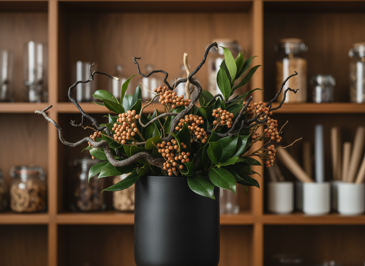 A close-up, highly detailed view of a single plant-based seasonal arrangement designed for a boutique counter. The arrangement sits in a cylindrical matte black ceramic vase with a fine, sand-like texture, filled with glossy dark foliage, twisted branches, and tiny dried flower heads in warm caramel tones. Behind it, an elegant, blurred background of wooden shelving with neatly arranged vases and botanical materials hints at a specialized studio. The lighting is soft studio light with a subtle directional emphasis from the left, creating gentle highlights on leaf edges and a polished, high-end mood. Photographic realism, captured at eye level with a shallow depth of field, emphasizing craftsmanship, texture, and the refined character of the brand.