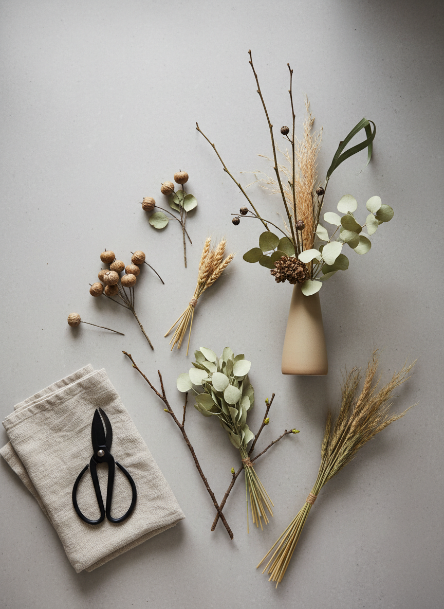 An elegant flat lay of plant-based arrangement tools and materials on a smooth, light stone surface. Carefully arranged bundles of dried seed heads, pale eucalyptus leaves, wispy grasses, and structural branches surround a single refined arrangement in a slender sand-colored ceramic vase. A pair of black matte pruning shears and a natural linen cloth add a sense of workshop craftsmanship. Soft overcast window light from above creates a calm, even illumination with minimal shadows. The composition uses asymmetrical balance and the rule of thirds, with crisp photographic realism and subtle muted colors. The atmosphere feels artisanal, meticulous, and contemporary, communicating seasonal botanical artistry with a sophisticated, minimal aesthetic.